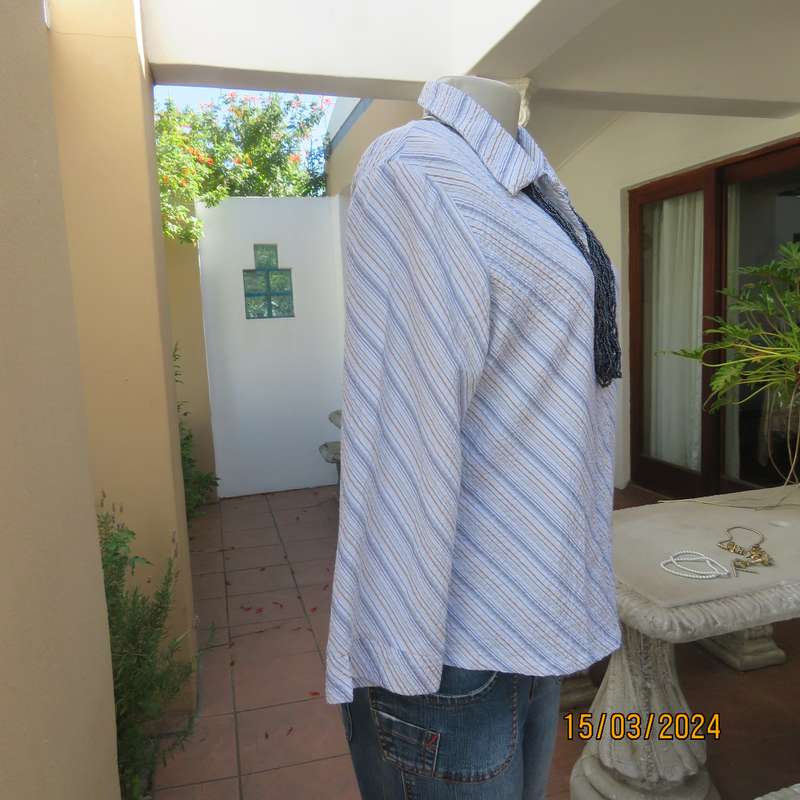 Smart casual blue white and beige vertical striped stretch bubble polycotton size 38 top