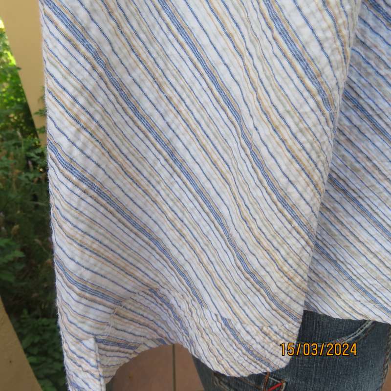 Smart casual blue white and beige vertical striped stretch bubble polycotton size 38 top