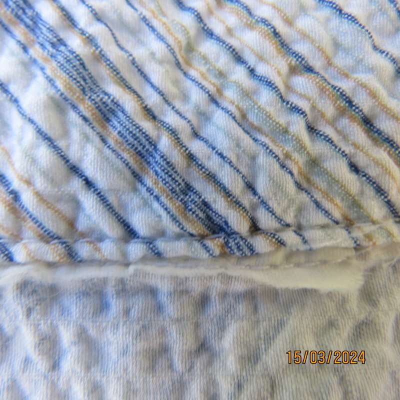 Smart casual blue white and beige vertical striped stretch bubble polycotton size 38 top