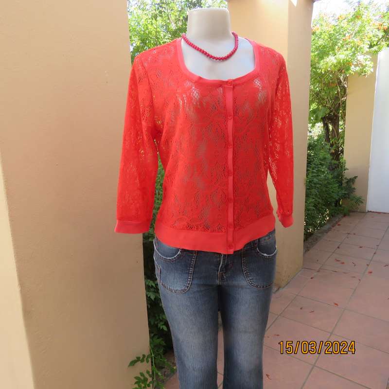 AUDACITY red see through polyester lace button down cover up. Size 36. Ribbed hems