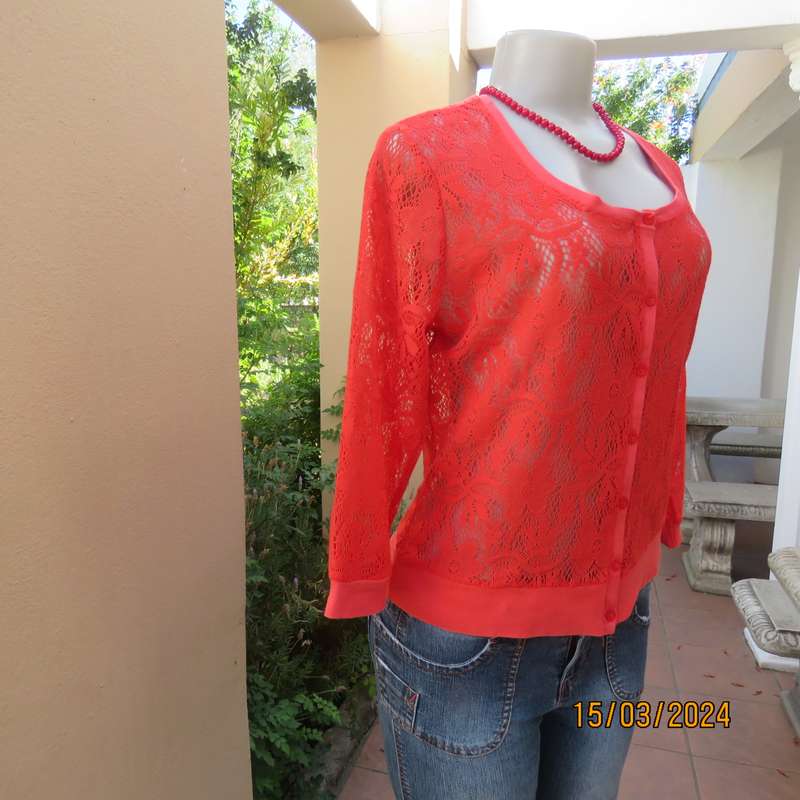 AUDACITY red see through polyester lace button down cover up. Size 36. Ribbed hems