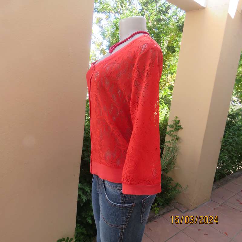 AUDACITY red see through polyester lace button down cover up. Size 36. Ribbed hems