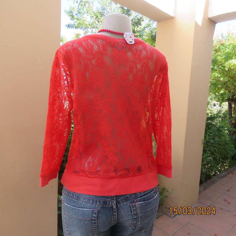 AUDACITY red see through polyester lace button down cover up. Size 36. Ribbed hems