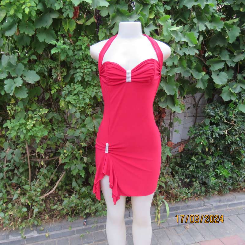 Red polyester stretch evening short dress size 34. Decorated. Long straps to tie.