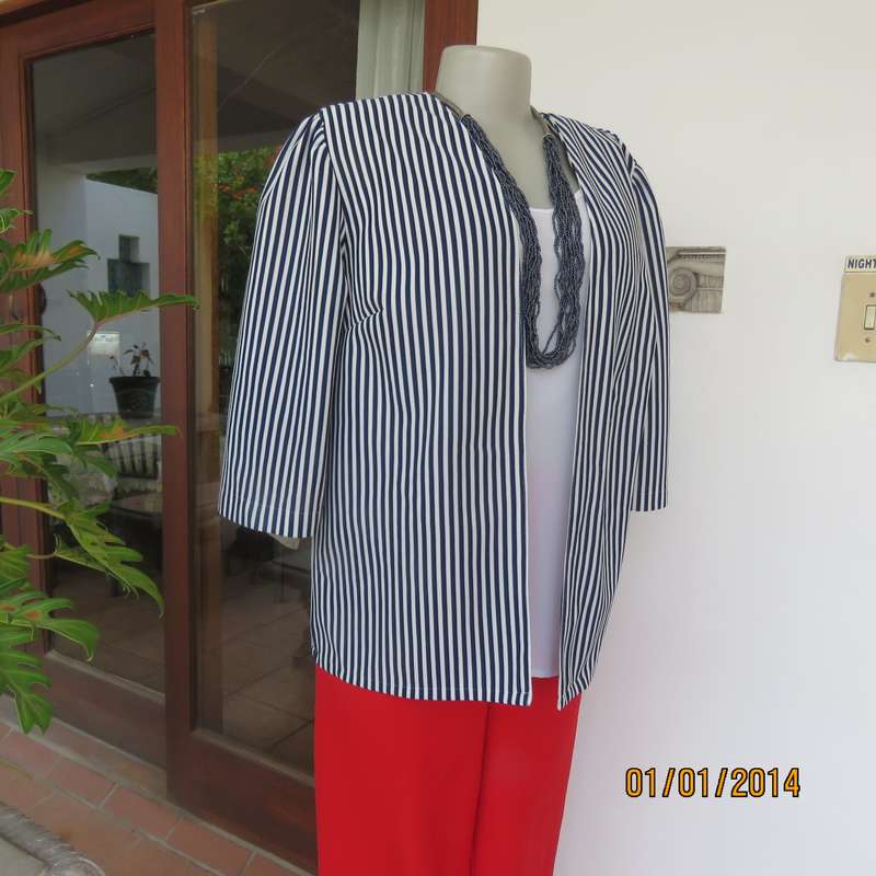 Boutique made navy-white heavy polyester open hanging striped top. Size 38