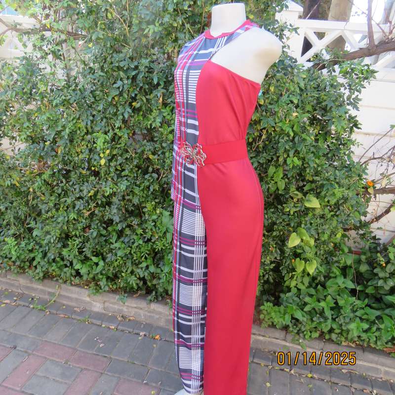 FASHION WEAR unique cat suit Red side and tartan print side.Long sleeve-naked shoulder.Size 37