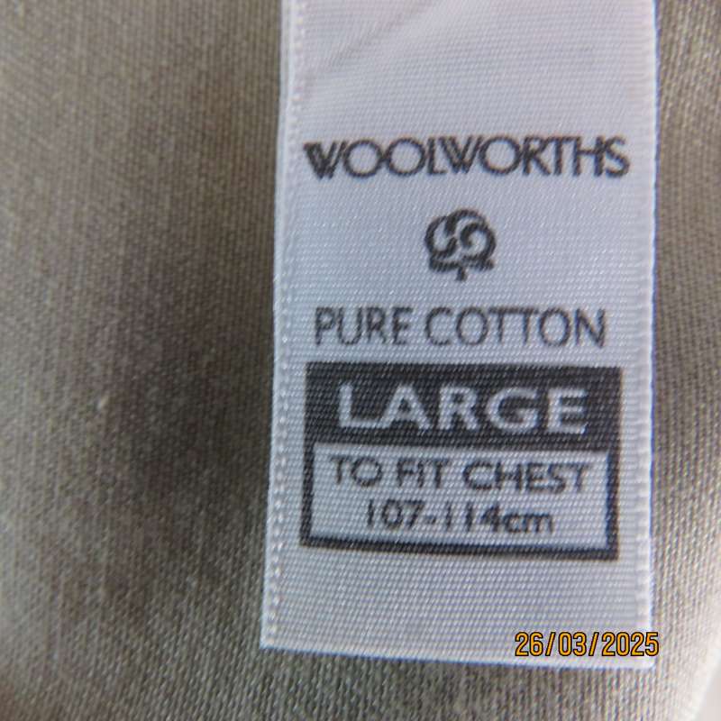 WOOLWORTHS dark beige short sleeve pure cotton men's shirt size large.