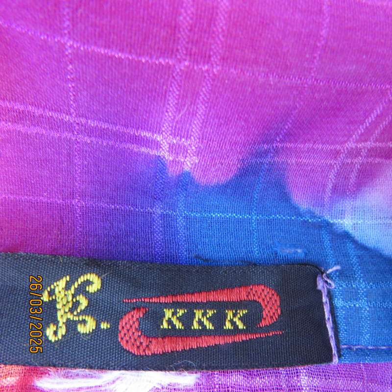 KKK sheer polyester colourful short sleeve top in violet-orange-blue. Size 44.