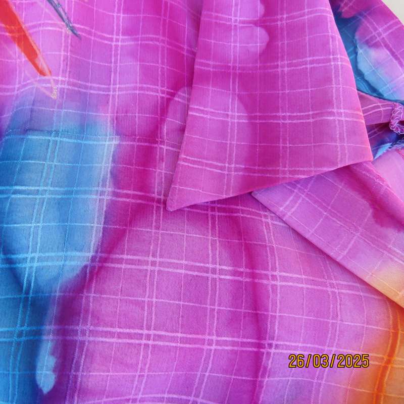 KKK sheer polyester colourful short sleeve top in violet-orange-blue. Size 44.