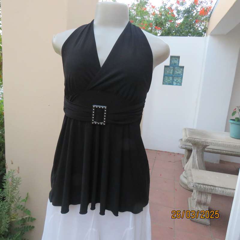 Very black stretch polyester halter neck evening top. Gathered front band with buckle. Size 30