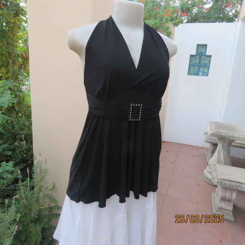 Very black stretch polyester halter neck evening top. Gathered front band with buckle. Size 30
