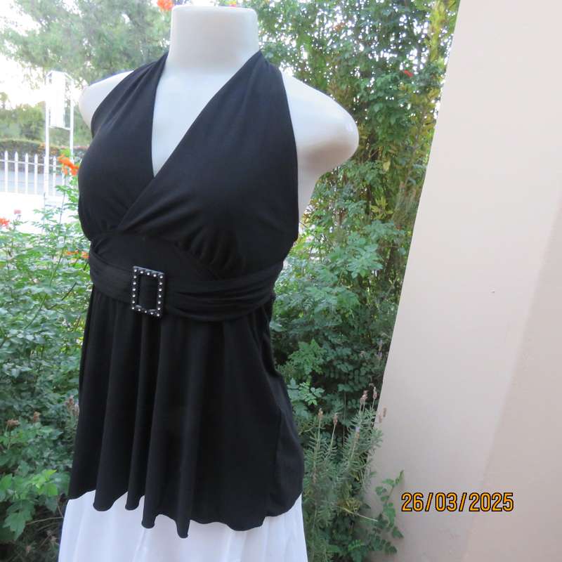 Very black stretch polyester halter neck evening top. Gathered front band with buckle. Size 30