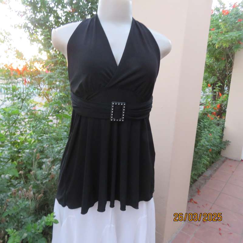 Very black stretch polyester halter neck evening top. Gathered front band with buckle. Size 30