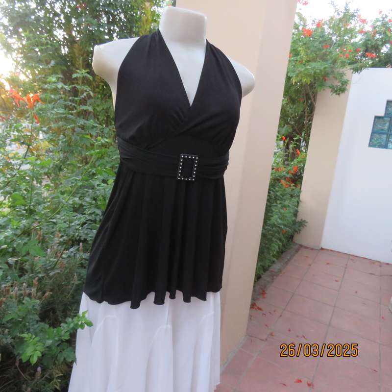 Very black stretch polyester halter neck evening top. Gathered front band with buckle. Size 30