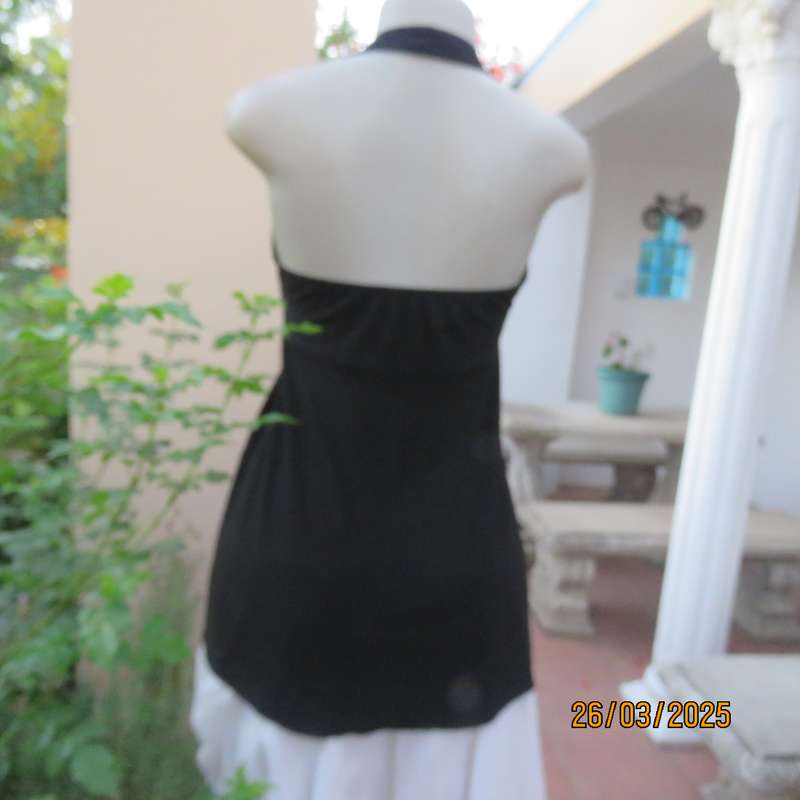 Very black stretch polyester halter neck evening top. Gathered front band with buckle. Size 30