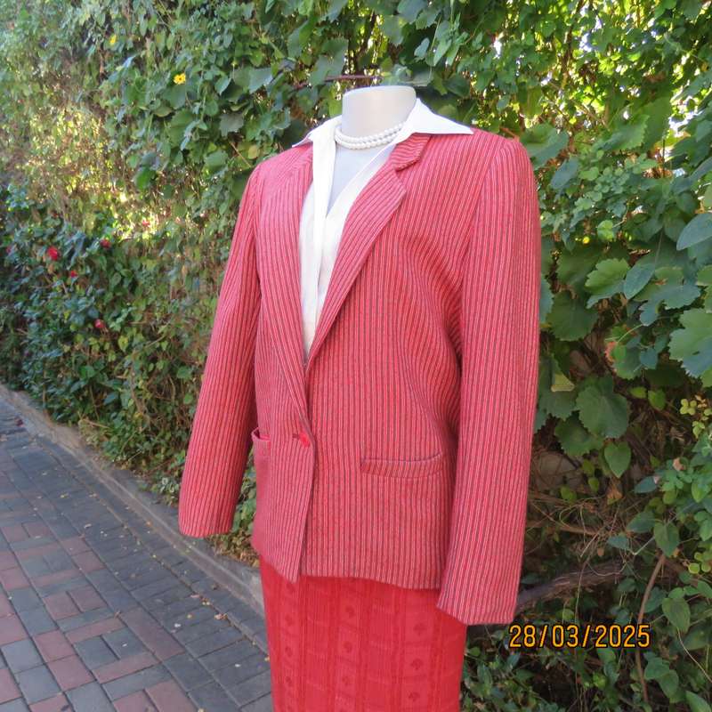 TOPICS smart woolen crimson-white- brownish vertical striped fully lined jacket. Size 36