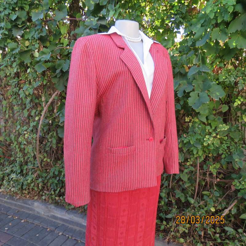 TOPICS smart woolen crimson-white- brownish vertical striped fully lined jacket. Size 36