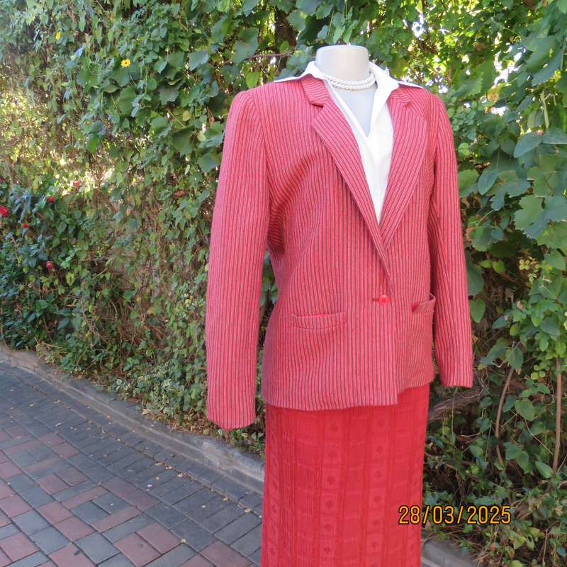 TOPICS smart woolen crimson-white- brownish vertical striped fully lined jacket. Size 36