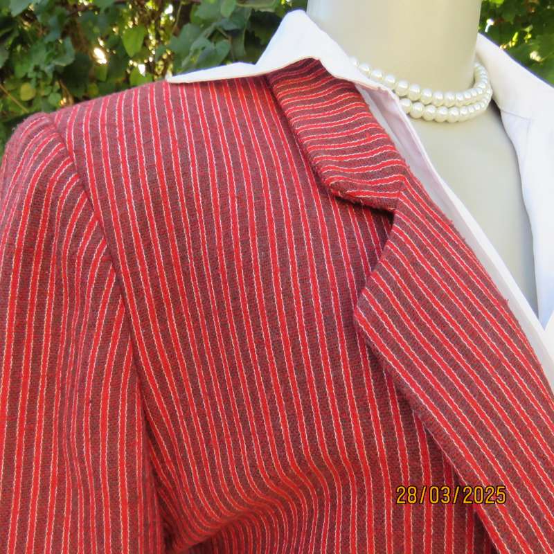 TOPICS smart woolen crimson-white- brownish vertical striped fully lined jacket. Size 36