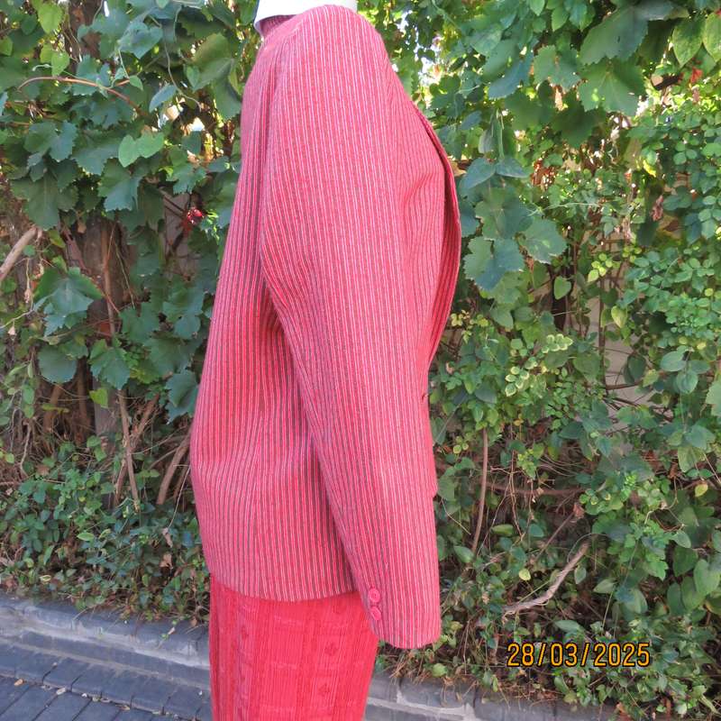 TOPICS smart woolen crimson-white- brownish vertical striped fully lined jacket. Size 36