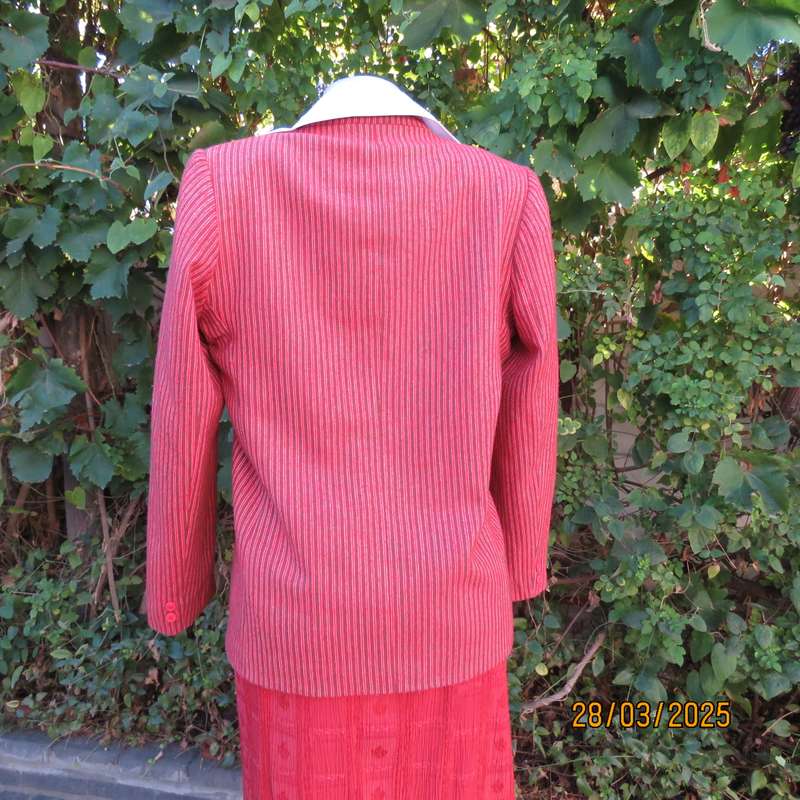 TOPICS smart woolen crimson-white- brownish vertical striped fully lined jacket. Size 36
