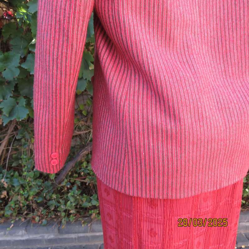 TOPICS smart woolen crimson-white- brownish vertical striped fully lined jacket. Size 36