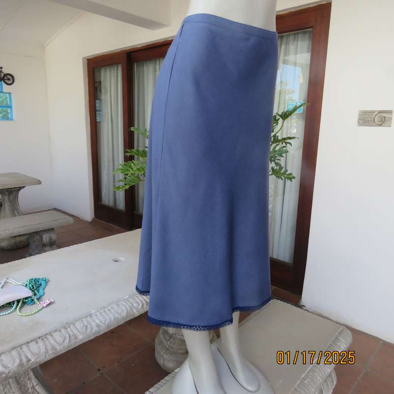 WOOLWORTHS airforce blue A-line skirt with zip at side. Size 38.Lace hemline.Poly-viscose blend.