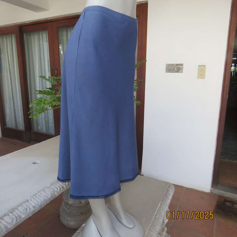 WOOLWORTHS airforce blue A-line skirt with zip at side. Size 38.Lace hemline.Poly-viscose blend.