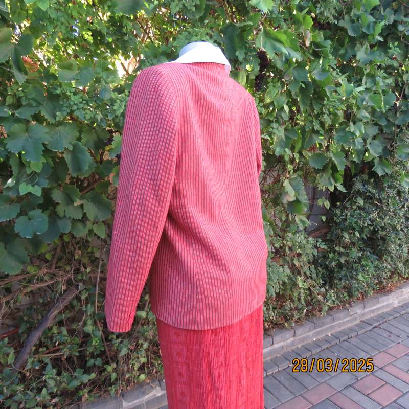 TOPICS smart woolen crimson-white- brownish vertical striped fully lined jacket. Size 36