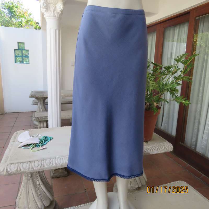 WOOLWORTHS airforce blue A-line skirt with zip at side. Size 38.Lace hemline.Poly-viscose blend.