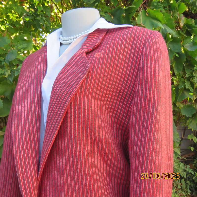 TOPICS smart woolen crimson-white- brownish vertical striped fully lined jacket. Size 36