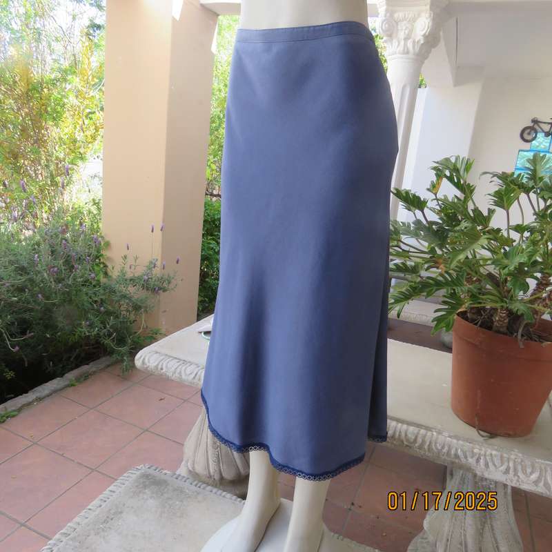 WOOLWORTHS airforce blue A-line skirt with zip at side. Size 38.Lace hemline.Poly-viscose blend.
