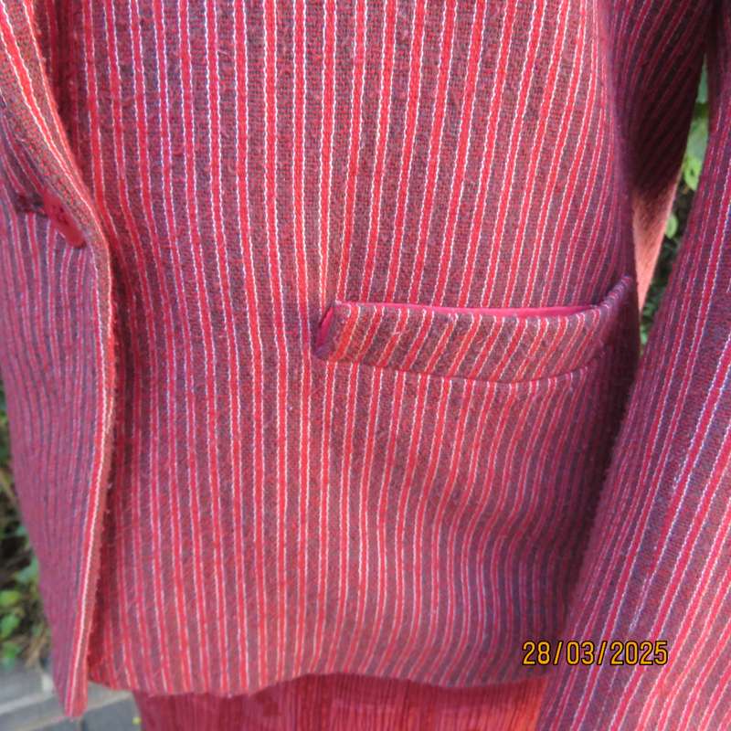 TOPICS smart woolen crimson-white- brownish vertical striped fully lined jacket. Size 36