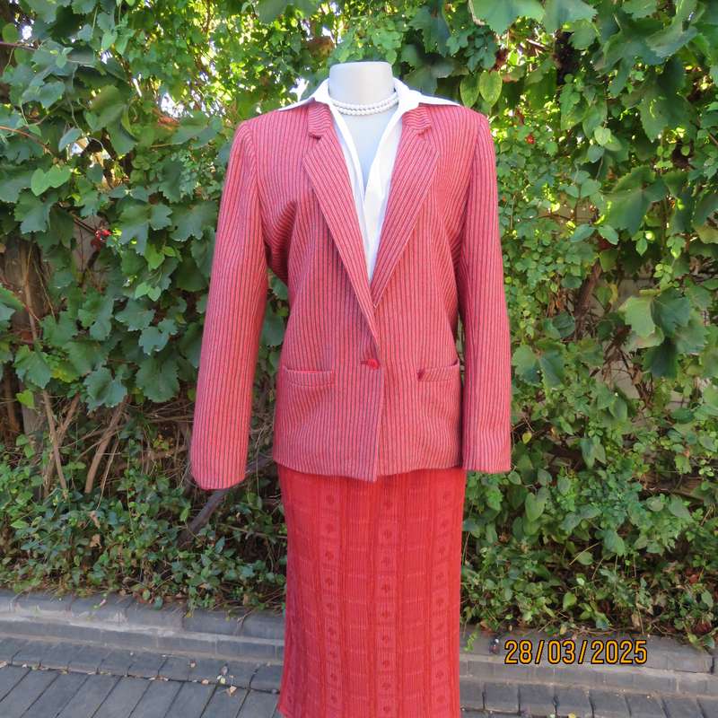TOPICS smart woolen crimson-white- brownish vertical striped fully lined jacket. Size 36