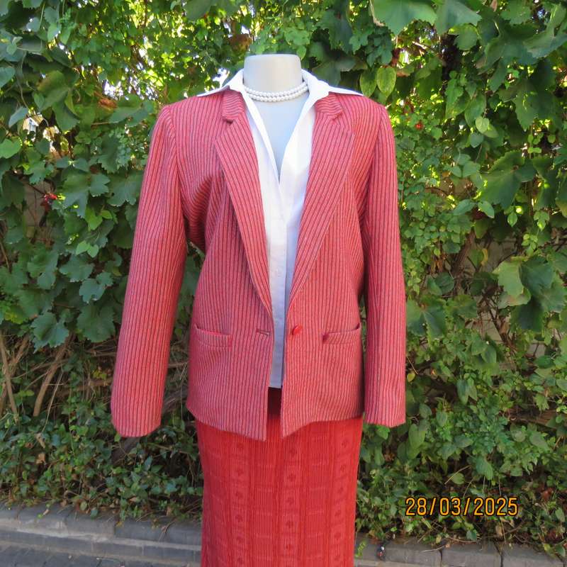 TOPICS smart woolen crimson-white- brownish vertical striped fully lined jacket. Size 36