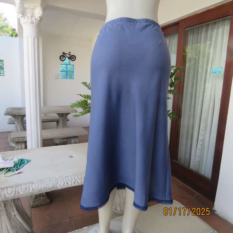 WOOLWORTHS airforce blue A-line skirt with zip at side. Size 38.Lace hemline.Poly-viscose blend.