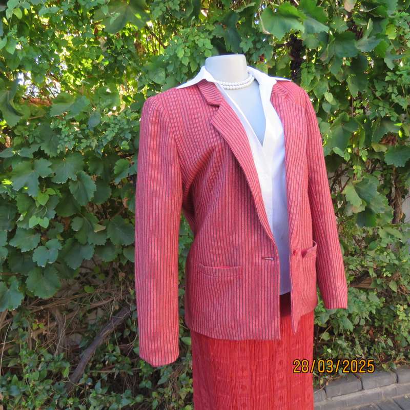 TOPICS smart woolen crimson-white- brownish vertical striped fully lined jacket. Size 36