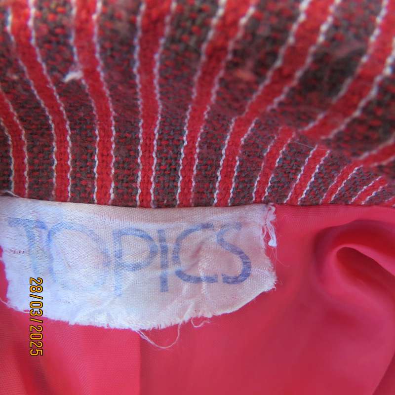 TOPICS smart woolen crimson-white- brownish vertical striped fully lined jacket. Size 36