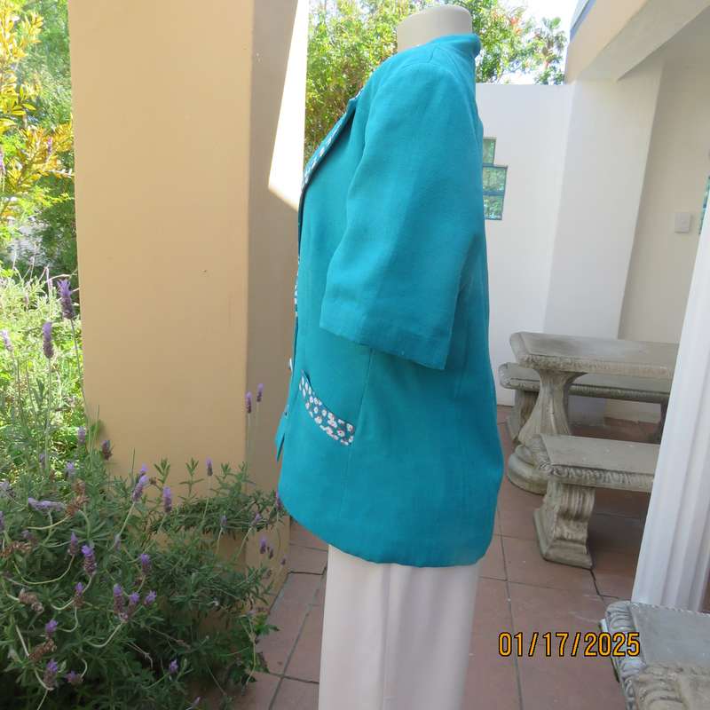 LADY RUTH REED 80's vintage turquoise short sleeve jacket. With floral edging. Size 38. As new cond.