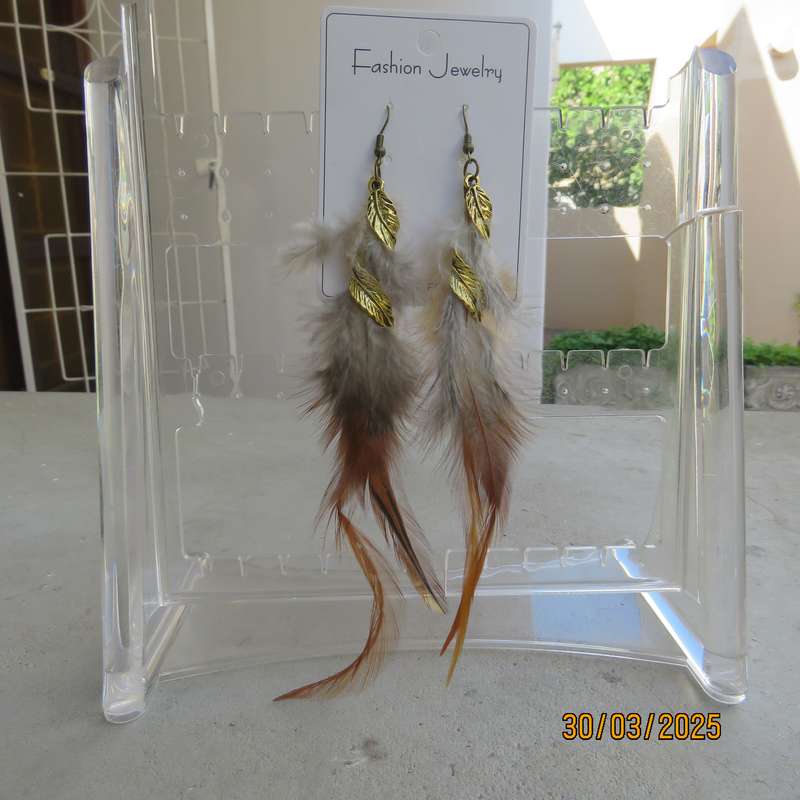Extra long brownish feather and gold ethnic earrings. New item.