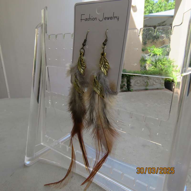 Extra long brownish feather and gold ethnic earrings. New item.