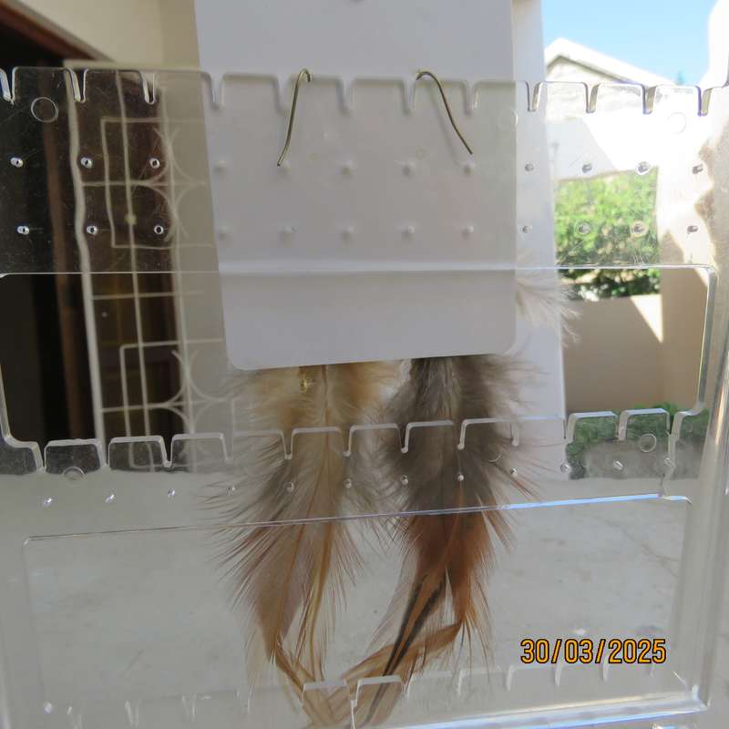 Extra long brownish feather and gold ethnic earrings. New item.