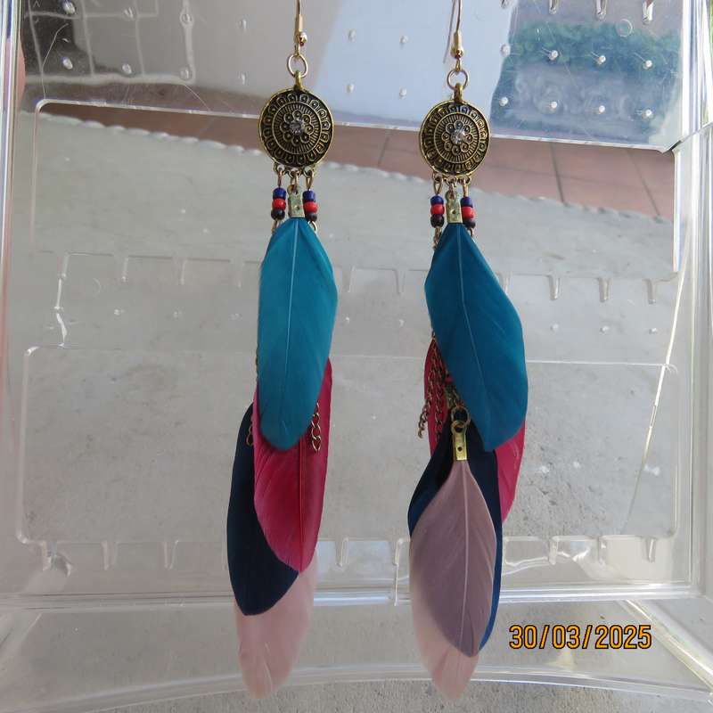 Colourful pair of long feather and bead ethnic earrings. New item.