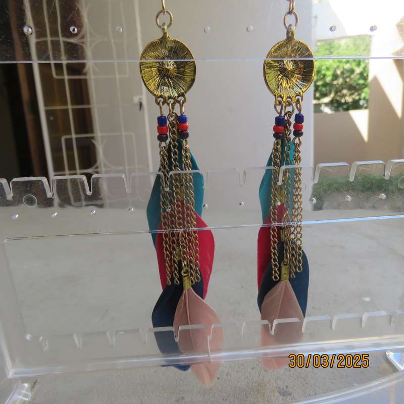 Colourful pair of long feather and bead ethnic earrings. New item.