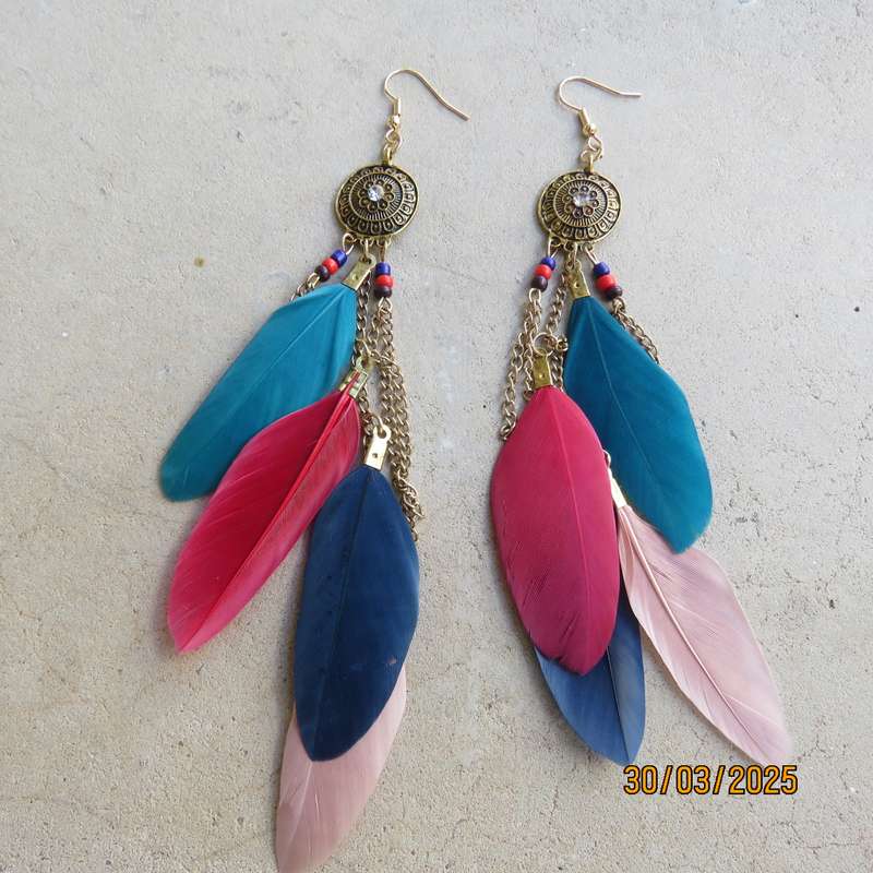Colourful pair of long feather and bead ethnic earrings. New item.