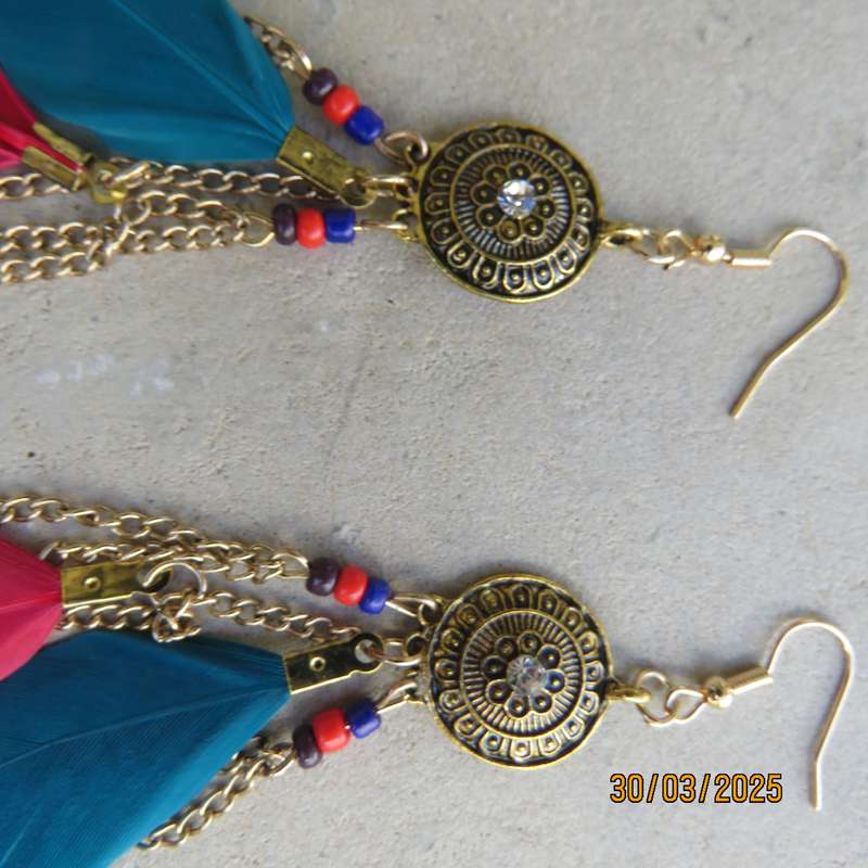 Colourful pair of long feather and bead ethnic earrings. New item.