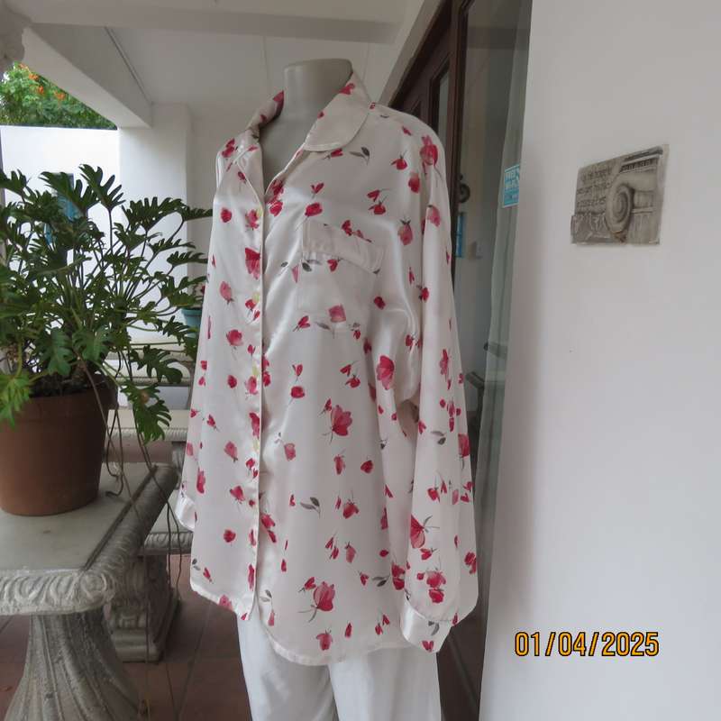 White satin with red roses long sleeve pajama button down top. Size 52