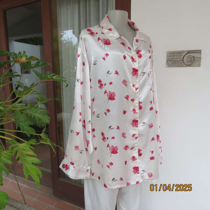 White satin with red roses long sleeve pajama button down top. Size 52