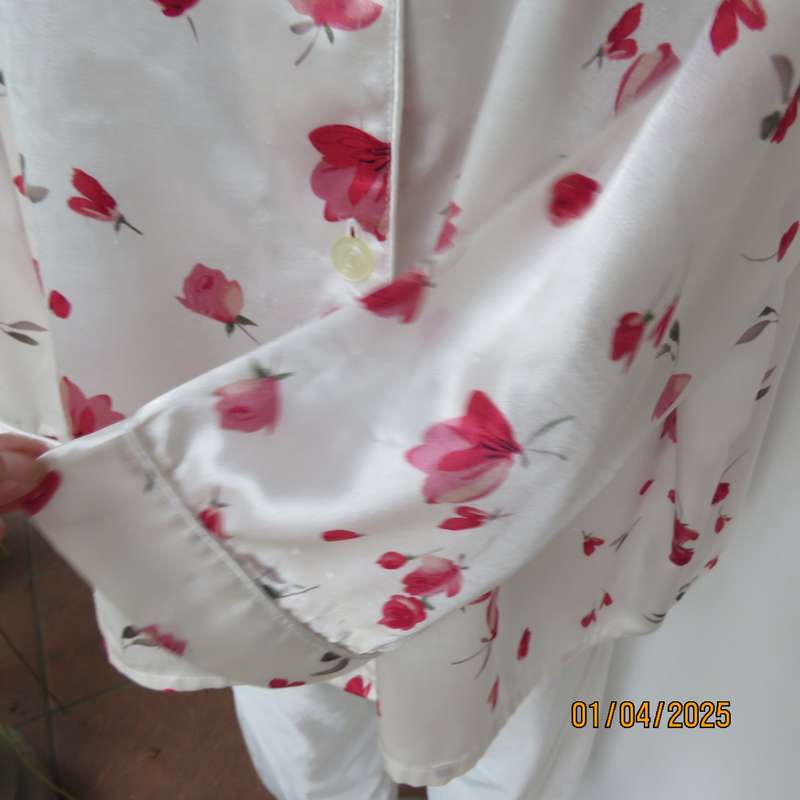 White satin with red roses long sleeve pajama button down top. Size 52