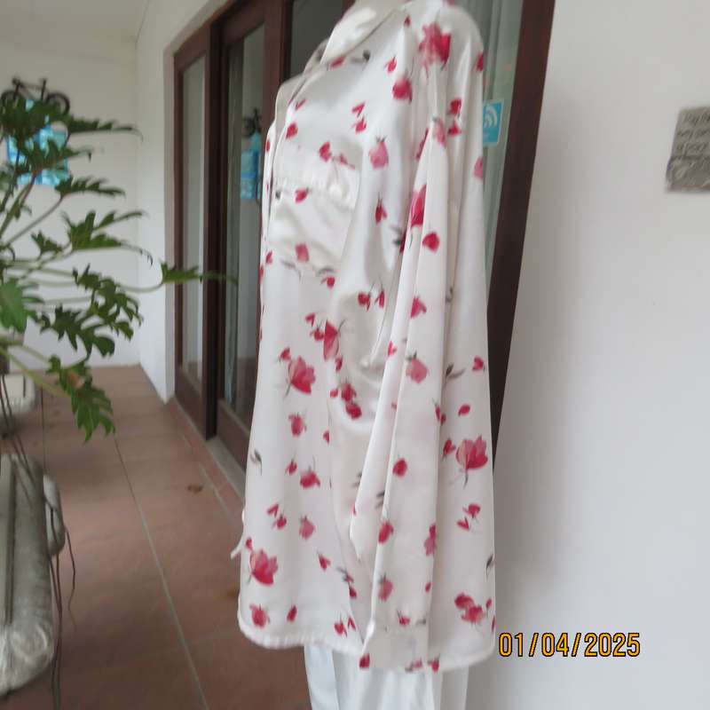 White satin with red roses long sleeve pajama button down top. Size 52